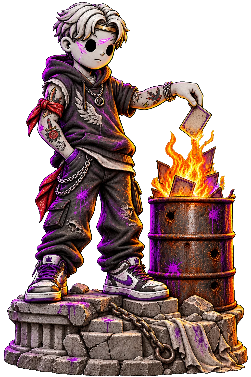 A stone Pythenian burning cards beside a barrel